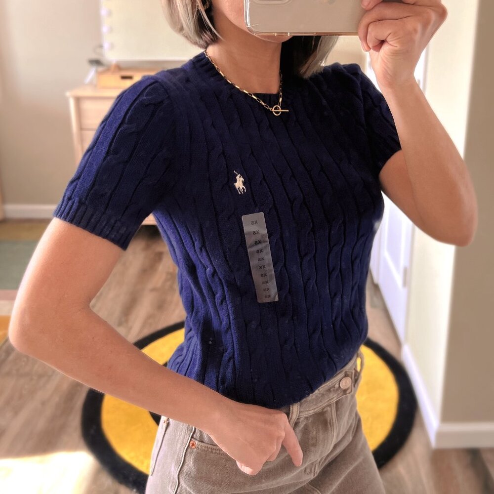 Polo Ralph Lauren Women's Cable Knit Short Sleeve Sweater - Navy